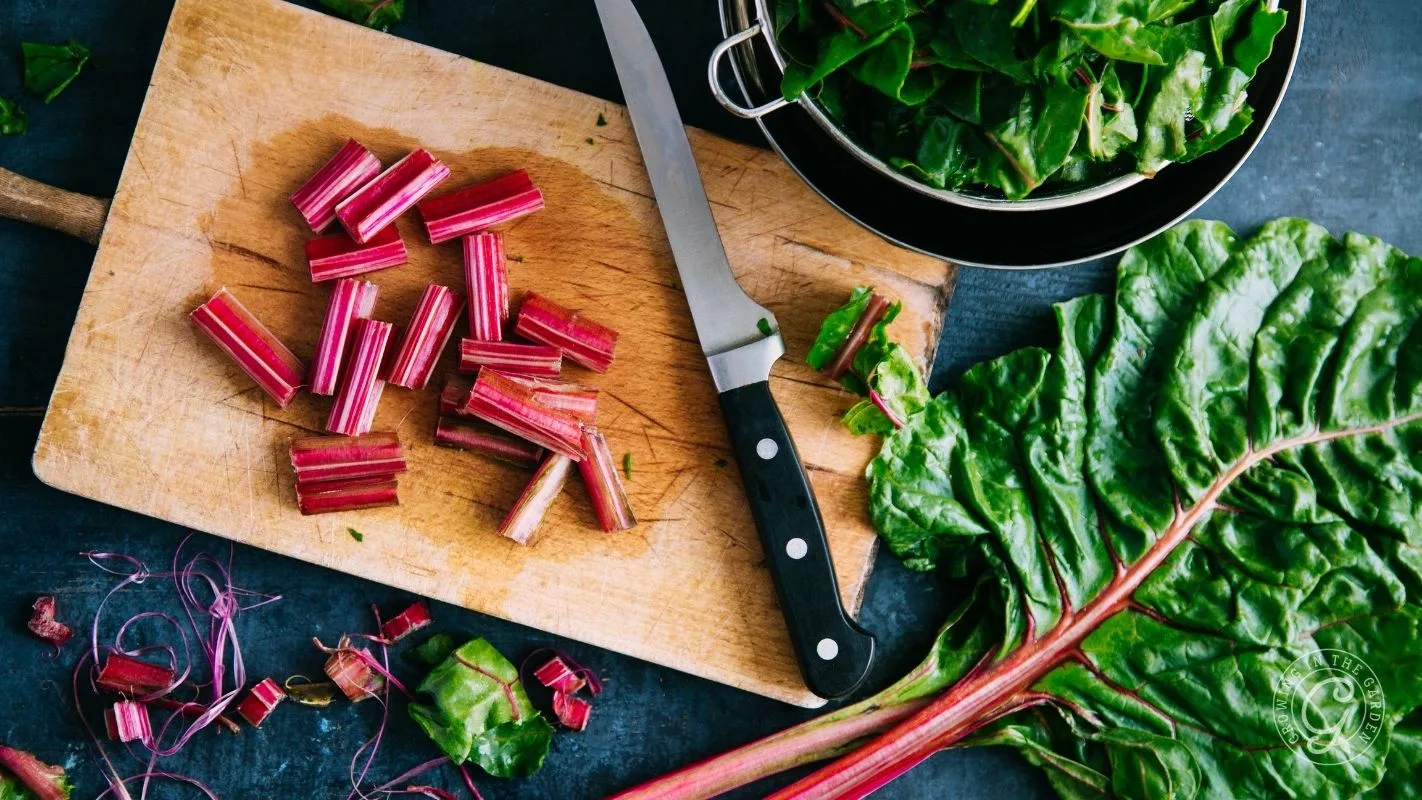 Chopped rhubarb stems on a cutting board with a knife, leafy greens, and a bowl of greens nearby.