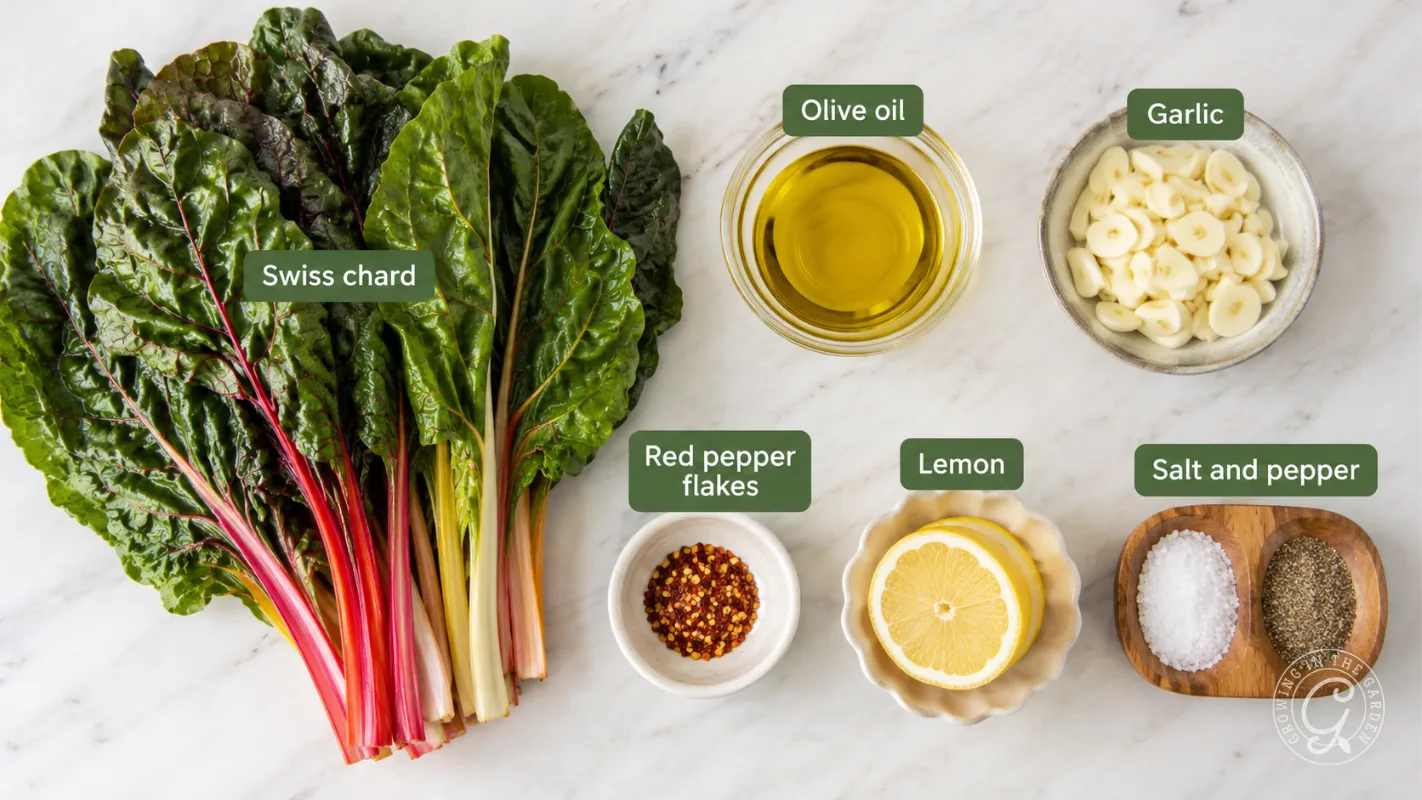 Swiss chard, olive oil, garlic, red pepper flakes, lemon, salt, and pepper arranged on a white surface.