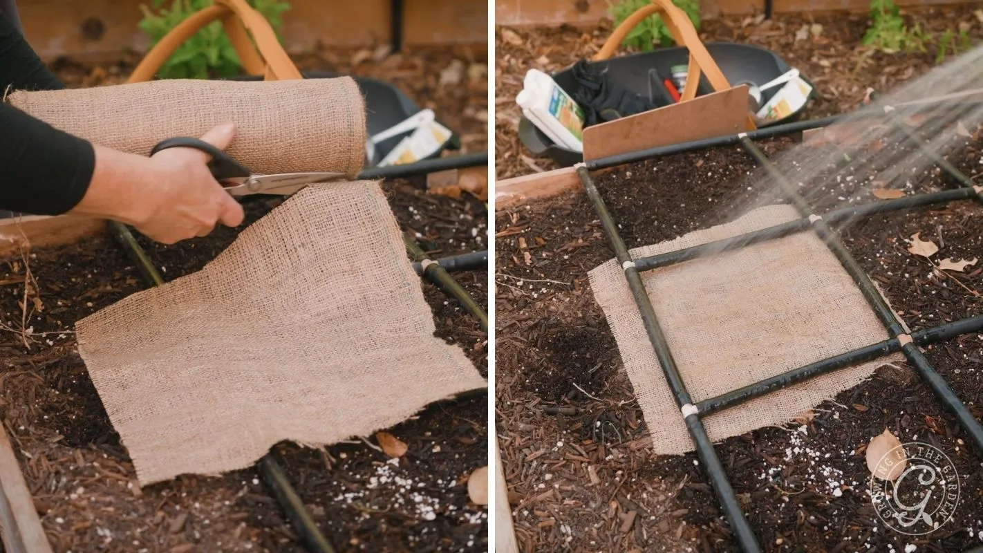Left: Cutting burlap. Right: Laying burlap on soil in a garden bed while misting water over it.