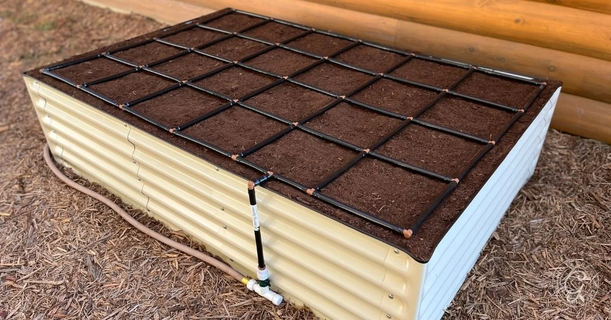 A raised bed garden design featuring soil, an irrigation grid, and a hose connection sits neatly beside a wooden wall.