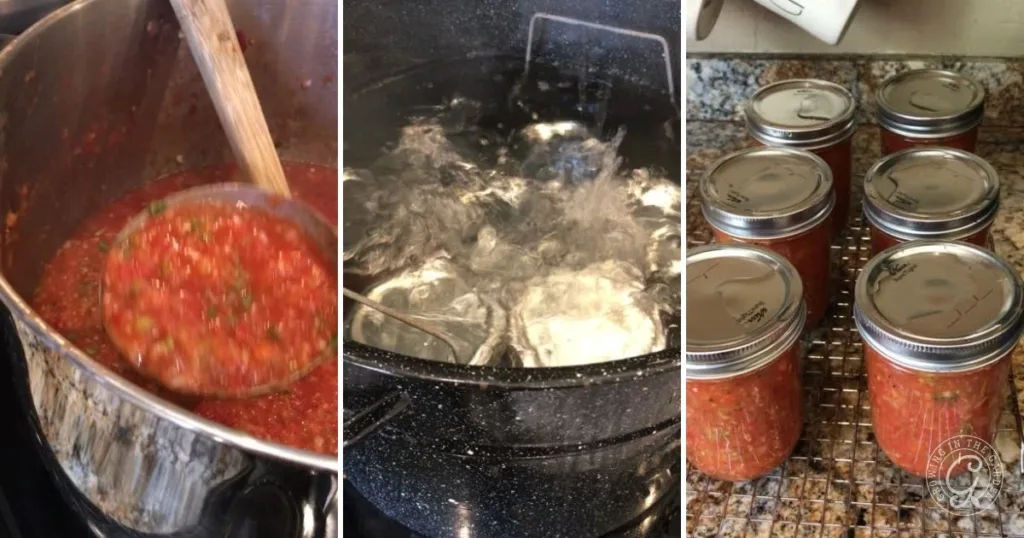 Three photos: cooking Our favorite garden salsa recipe in a pot, boiling jars in water, and sealed salsa jars cooling on a rack.
