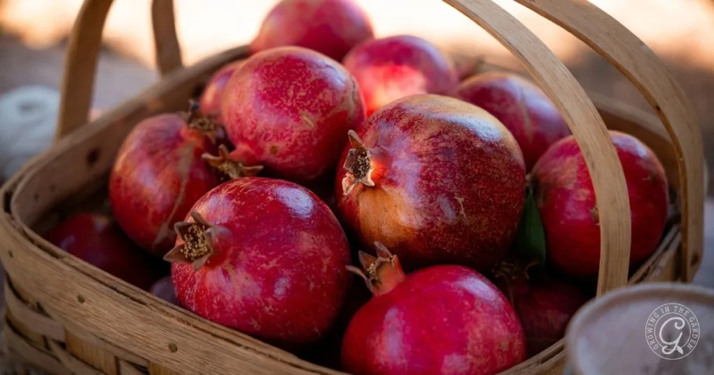 A basket filled with ripe, red pomegranates in natural sunlight hints at the reward of learning how to grow pomegranates at home.