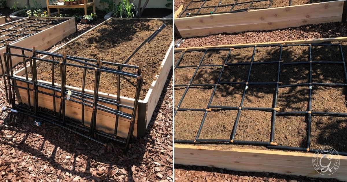 Two garden beds with soil: one features a black grid frame, while the other has a black grid laid on top&mdash;an effective setup when exploring how to kill Bermuda Grass.
