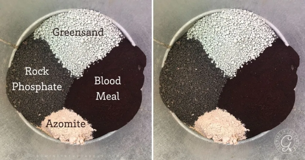 A bucket showcases piles of greensand, rock phosphate, azomite, and blood meal&mdash;each labeled as the best organic garden fertilizer for enriching your soil naturally.