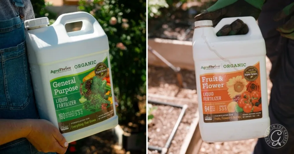 Two people hold containers of AgroThrive Organic liquid fertilizer&mdash;General Purpose and Fruit & Flower&mdash;showcasing the best organic garden fertilizer for every grower's needs.