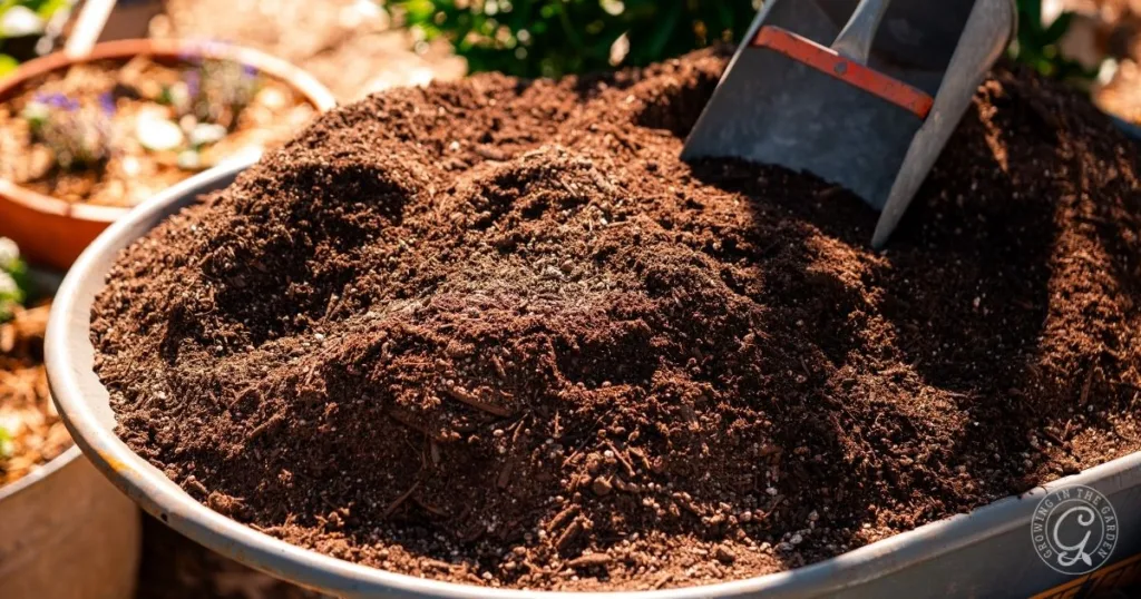 A wheelbarrow filled with rich brown soil and a small metal shovel scooping into it—an essential scene in any gardener's gift guide.