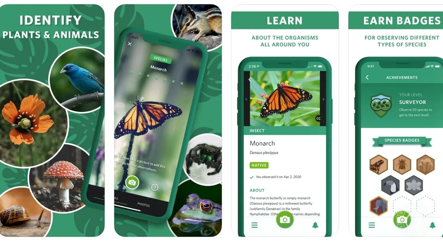 App screens displaying plant and animal identification, species info, achievements, and badges for learning.