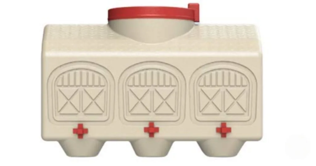 Beige toy barn with three doors, red crosses, a red lid on top—perfect for storing tiny chicken supplies.