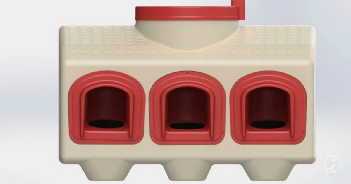A beige plastic box with three red arched openings and a red lid on top, resembling a nesting box&mdash;an essential addition to your chicken supplies.