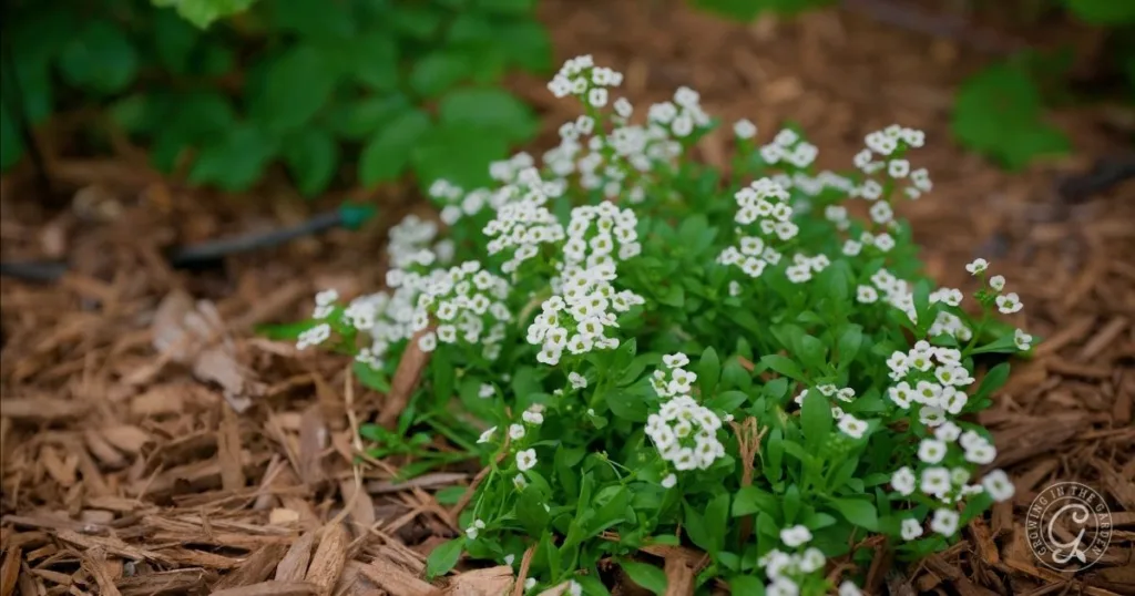 Small white flowers with green leaves flourish in a garden bed with brown mulch—perfect for those learning how to grow alyssum successfully.