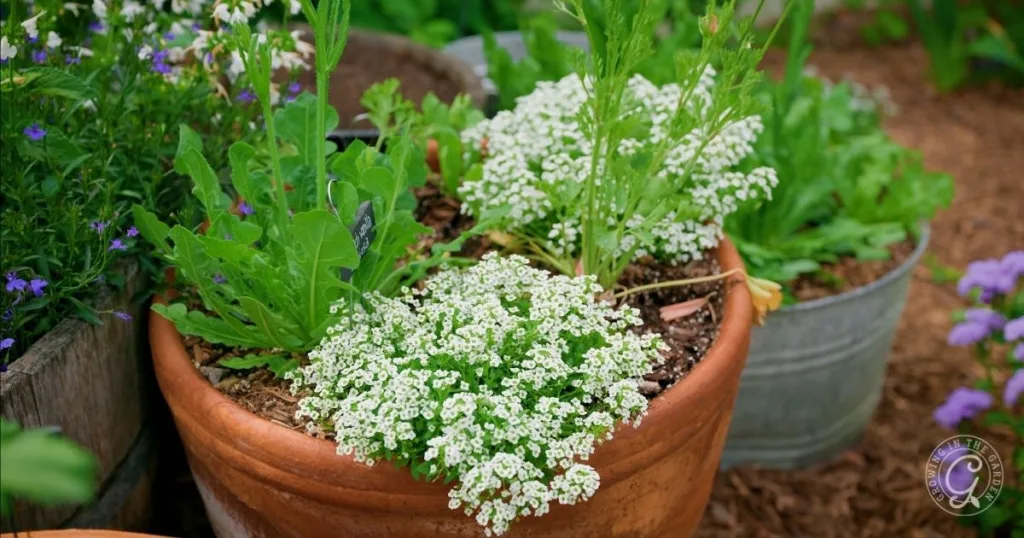 White alyssum flowers blooming in a terracotta pot surrounded by green leaves and other potted plants, offering inspiration for those learning how to grow alyssum in their own garden.