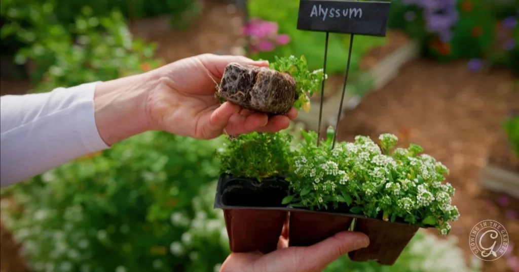 A hand holds an alyssum seedling, with potted alyssum plants and a garden in the background, offering a glimpse of how to grow alyssum from seed to bloom.