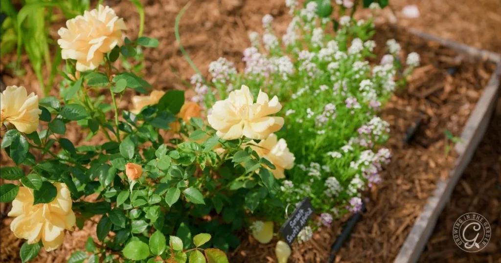 Yellow roses and small white flowers, such as alyssum, bloom in a mulched garden bed with a plant label visible—perfect inspiration if you're learning how to grow alyssum alongside your favorite blooms.