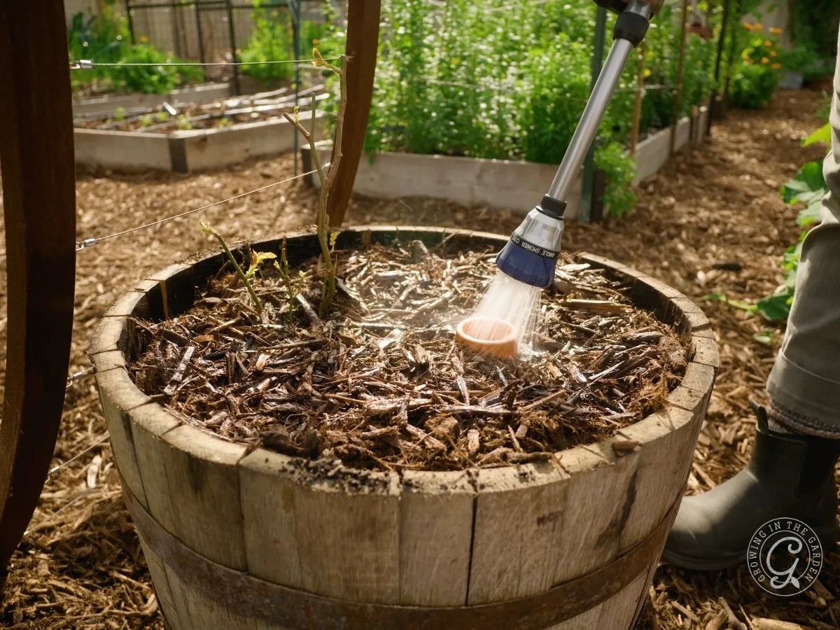 A person waters a plant in a wooden barrel planter in a garden with raised beds, following a guide to container sizes for healthy growth.