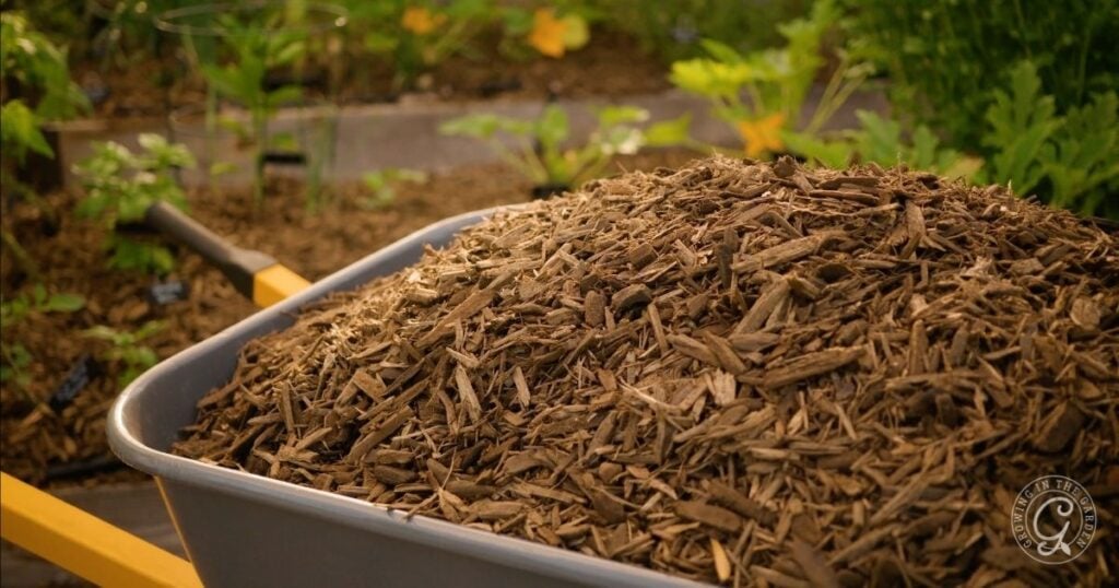 A wheelbarrow filled with wood mulch in a summer garden, surrounded by green plants thriving in the hot climate.