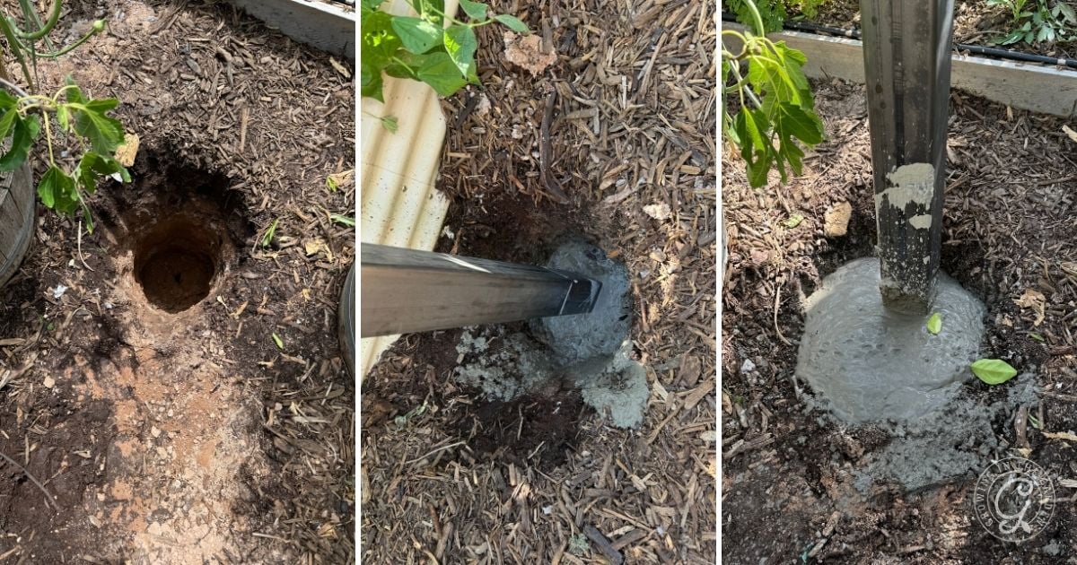 Three-step process: a hole in soil, a post set in concrete, and the post secured with dried concrete&mdash;perfect for a sturdy garden shade cloth setup.
