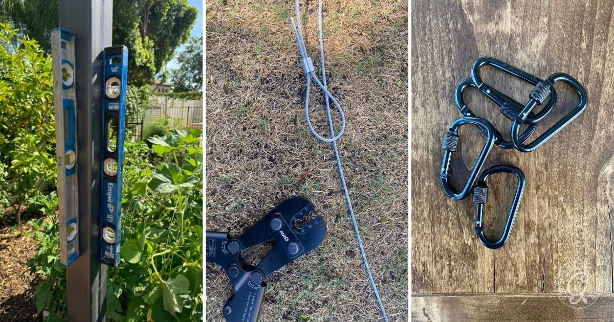 Collage of a level on a post, wire cutters with cable, and four black carabiners on a wooden surface&mdash;essential tools for an efficient garden shade cloth setup.