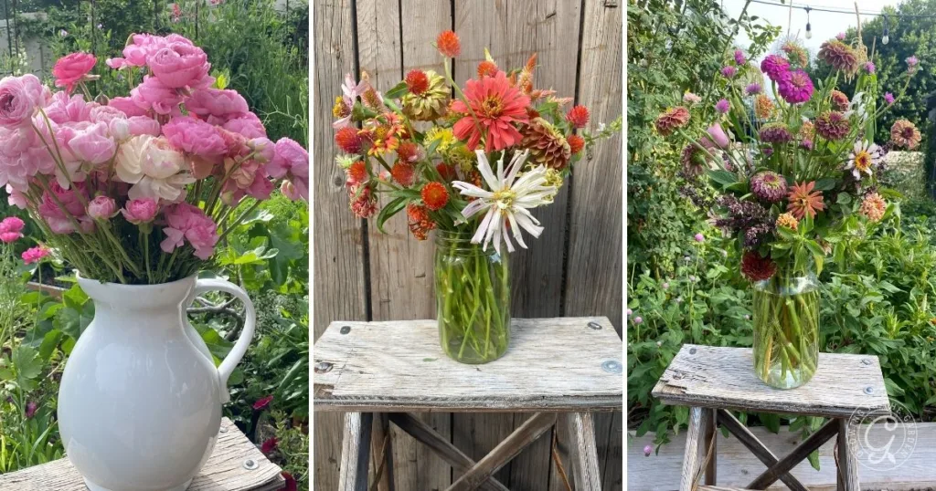 Three bouquets of colorful flowers in vases on rustic wooden stools, showcasing quick and easy garden flower arrangements with a lush garden background.