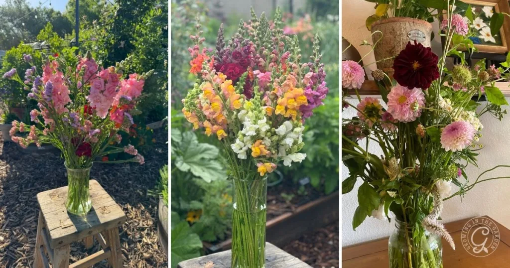 Three vases of quick and easy garden flower arrangements featuring colorful mixed blooms are displayed outdoors on stools and indoors on a table.