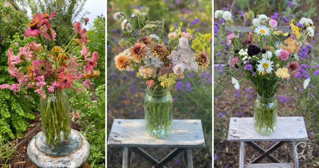 Three glass vases filled with colorful wildflowers sit on rustic stools in a garden setting, showcasing quick and easy garden flower arrangements.