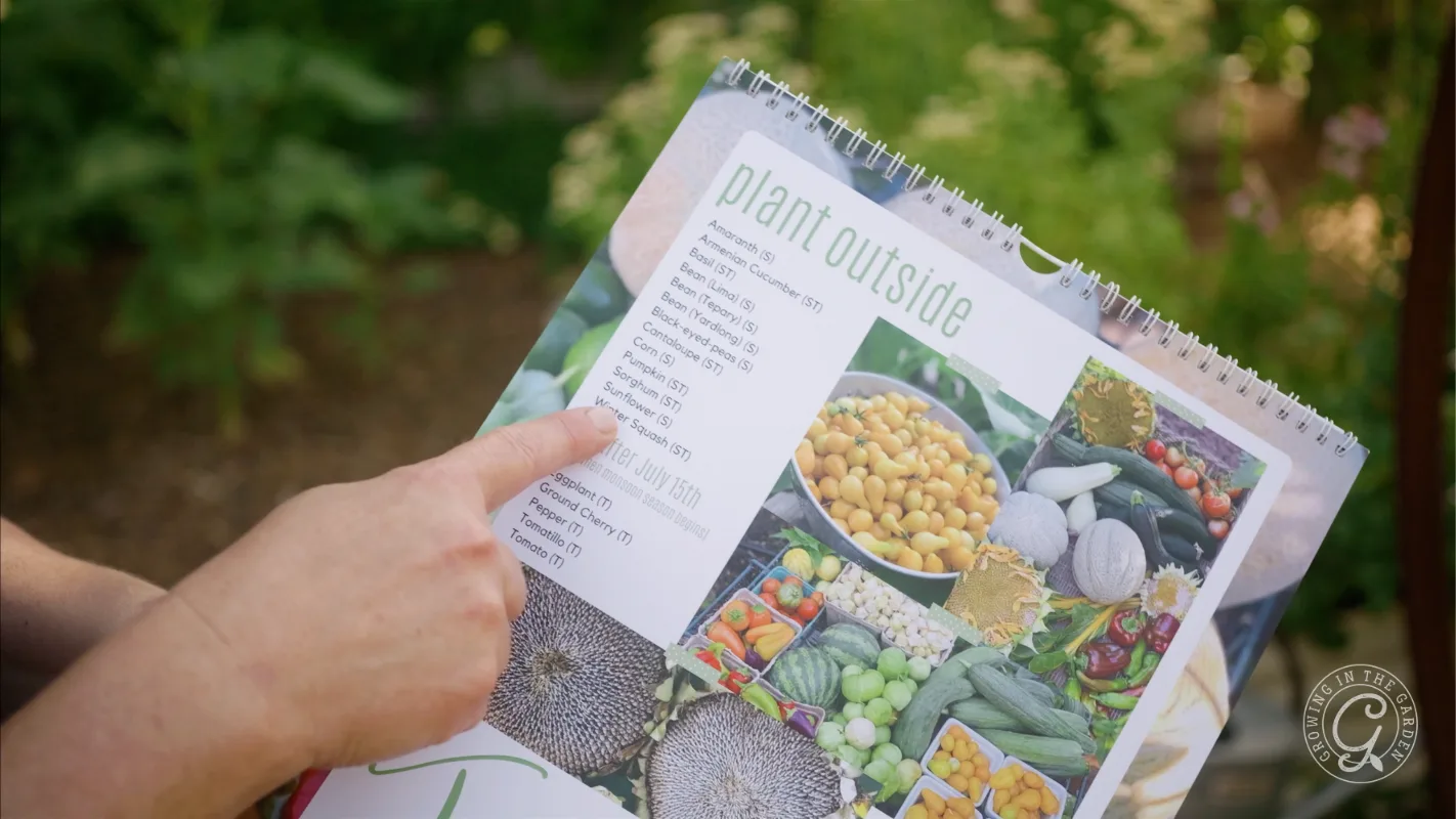 Person pointing to planting schedule on a garden calendar with photos of various vegetables and seeds.
