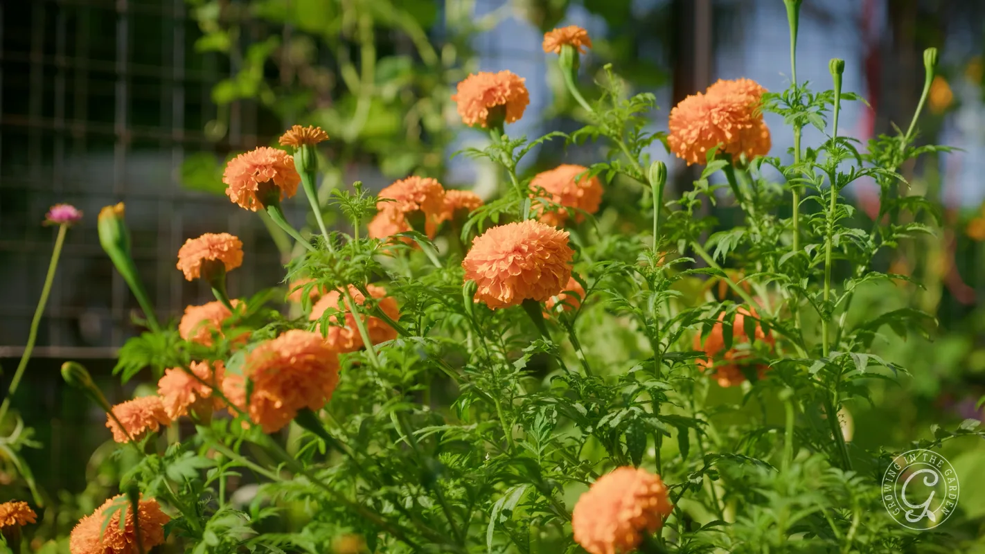 Orange marigold flowers bloom in a sunny garden with green leaves and stems in the background.