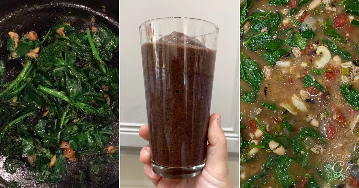 A collage of sautéed greens, a hand holding a dark smoothie, and a pot of greens in soup shows creative ways on how to use broccoli and cauliflower leaves in your meals.