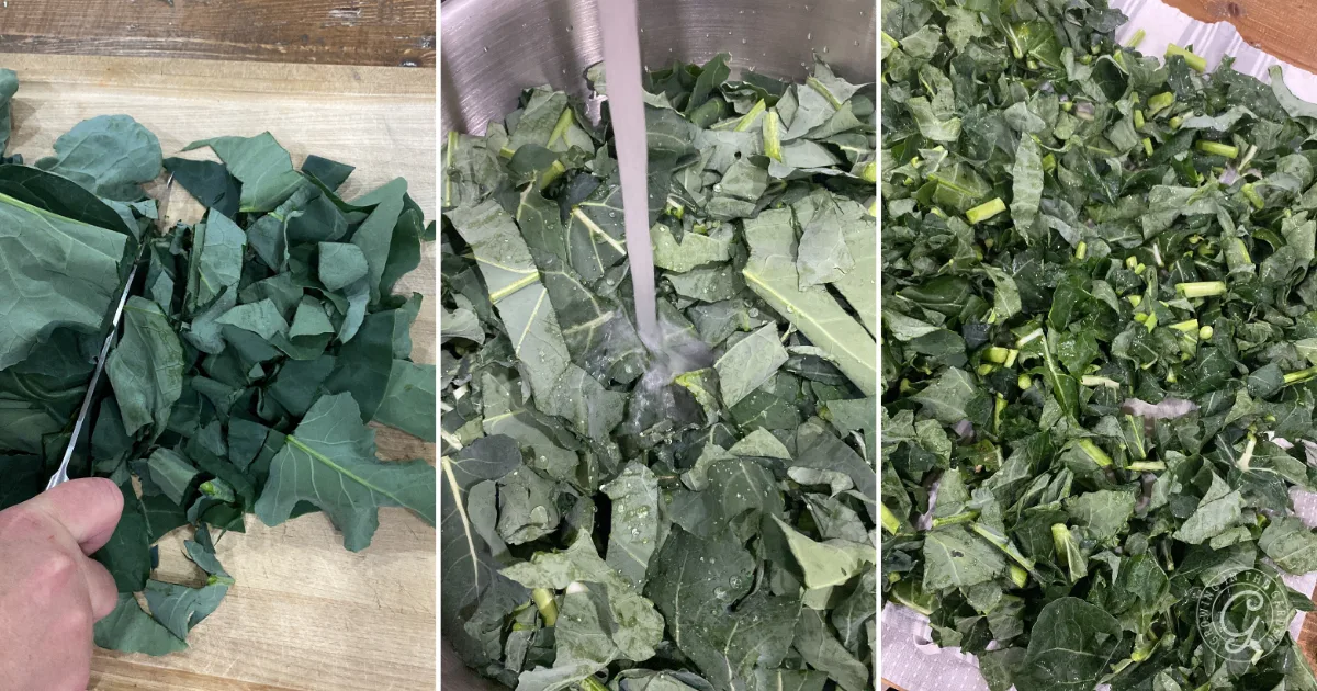 Collard greens being chopped, washed under running water, and laid out to dry on a towel&mdash;just like when learning how to use broccoli and cauliflower leaves in your kitchen prep.