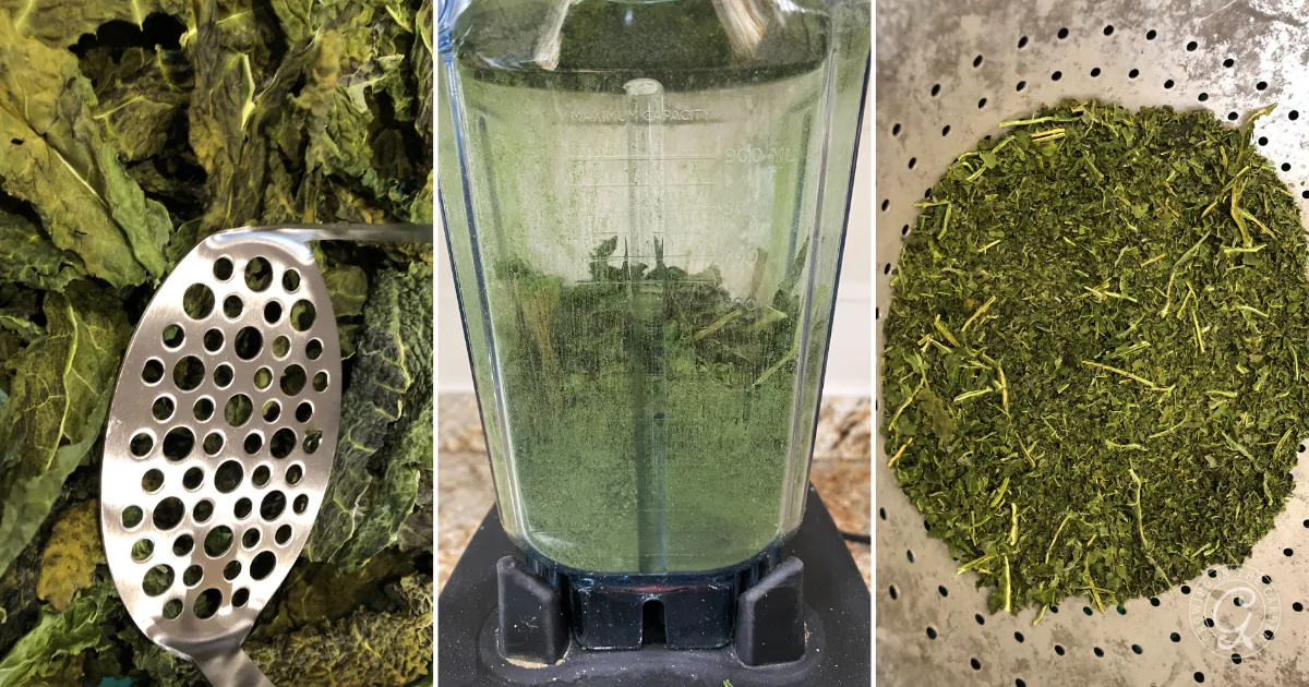 Three panels: dried greens with a masher, greens in a blender, and blended greens in a strainer&mdash;showing how to use broccoli and cauliflower leaves for delicious, nutrient-packed dishes.