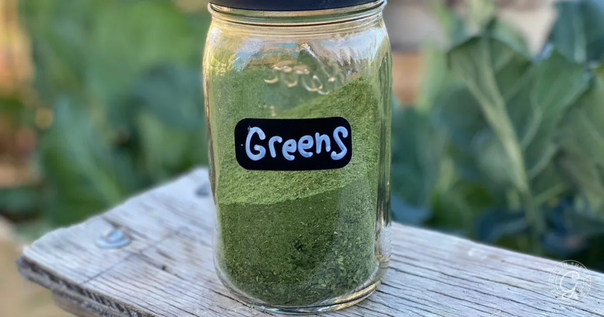 A glass jar labeled Greens filled with green powder, sitting on a wooden surface outdoors—perfect for learning How to Use Broccoli and Cauliflower Leaves in your healthy recipes.