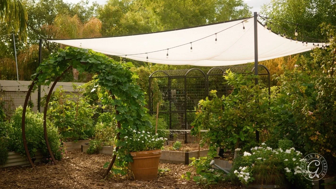 A garden with raised beds, a vine arch, a shade cloth, string lights, and lush green plants.