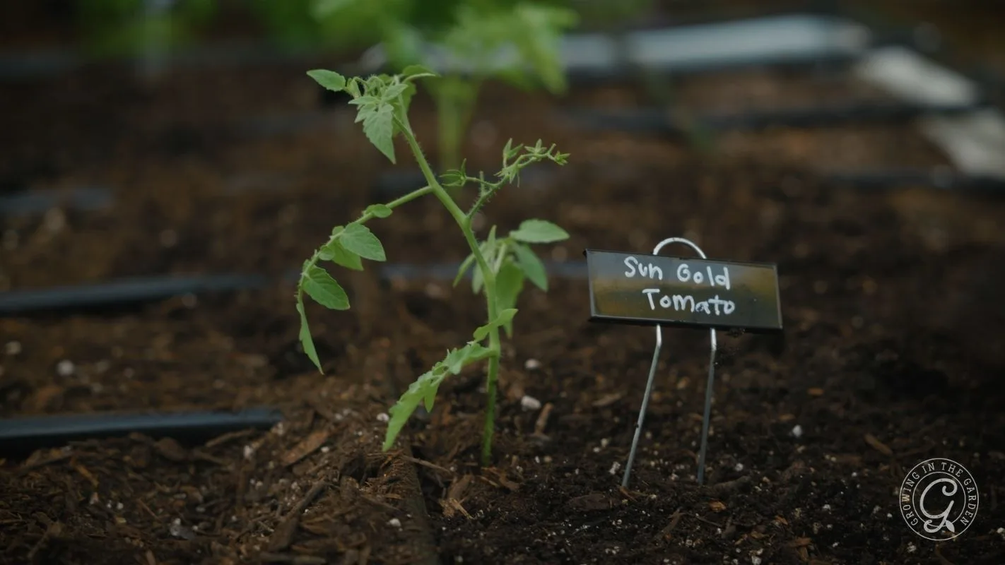 A young tomato plant labeled Sun Gold Tomato grows in soil with a small metal sign beside it.