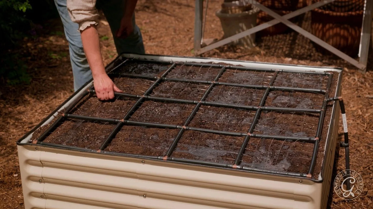 A person planting seeds in a raised garden bed with a square grid over soil.