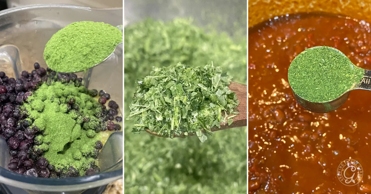 Three images show freeze dried celery powder and leafy greens being added to blueberries and to a pot of red sauce.