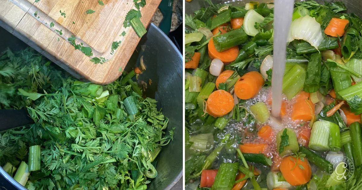 Chopped vegetables on a cutting board and in a pot; another pot of veggies being rinsed under running water, all prepared for a fresh garden vegetable broth or stock.