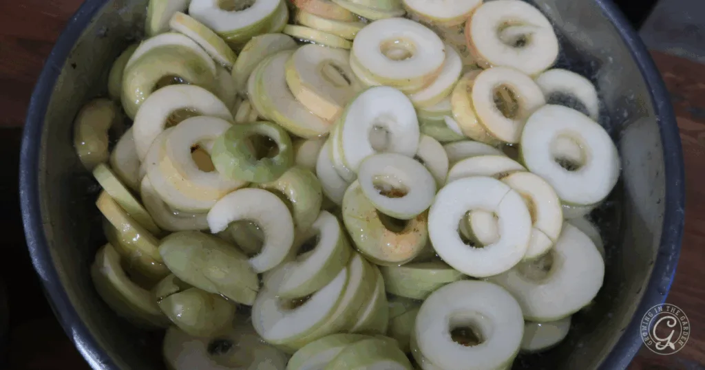 A bowl filled with peeled, cored, and sliced green apples soaking in water&mdash;perfect prep for the best recipes for Anna apples.