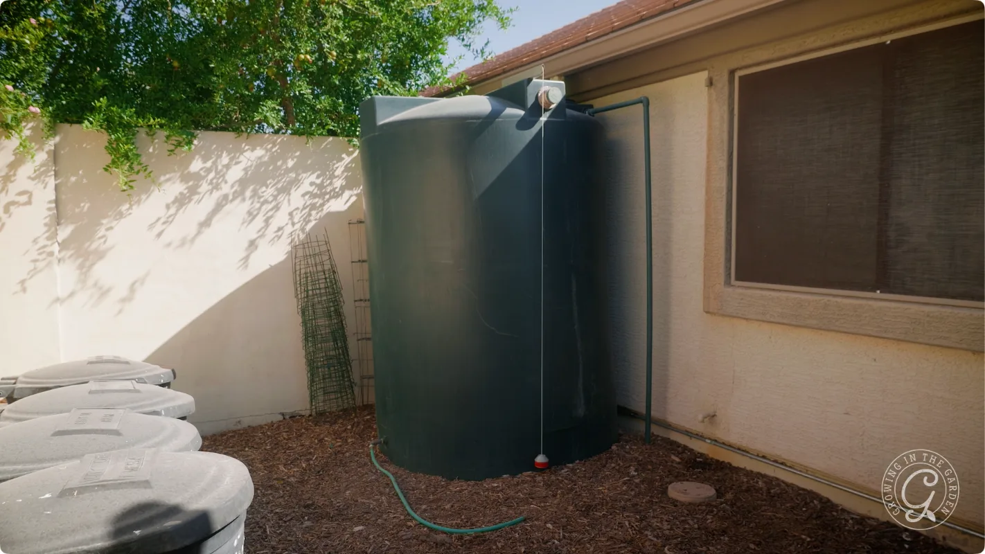 Large green rainwater tank beside a house, connected to a hose, near a window and some trees.