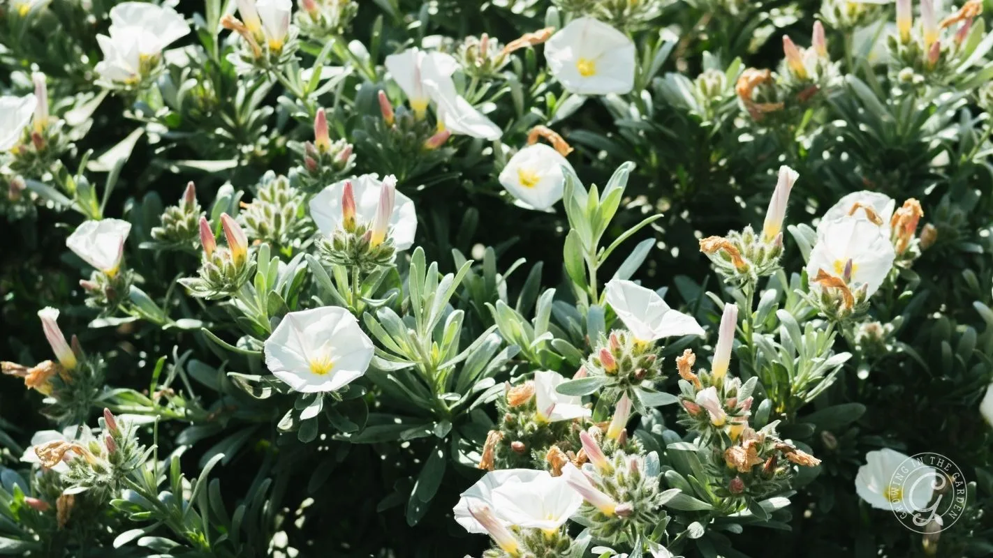 White flowers and pink buds grow among green leaves in bright sunlight.