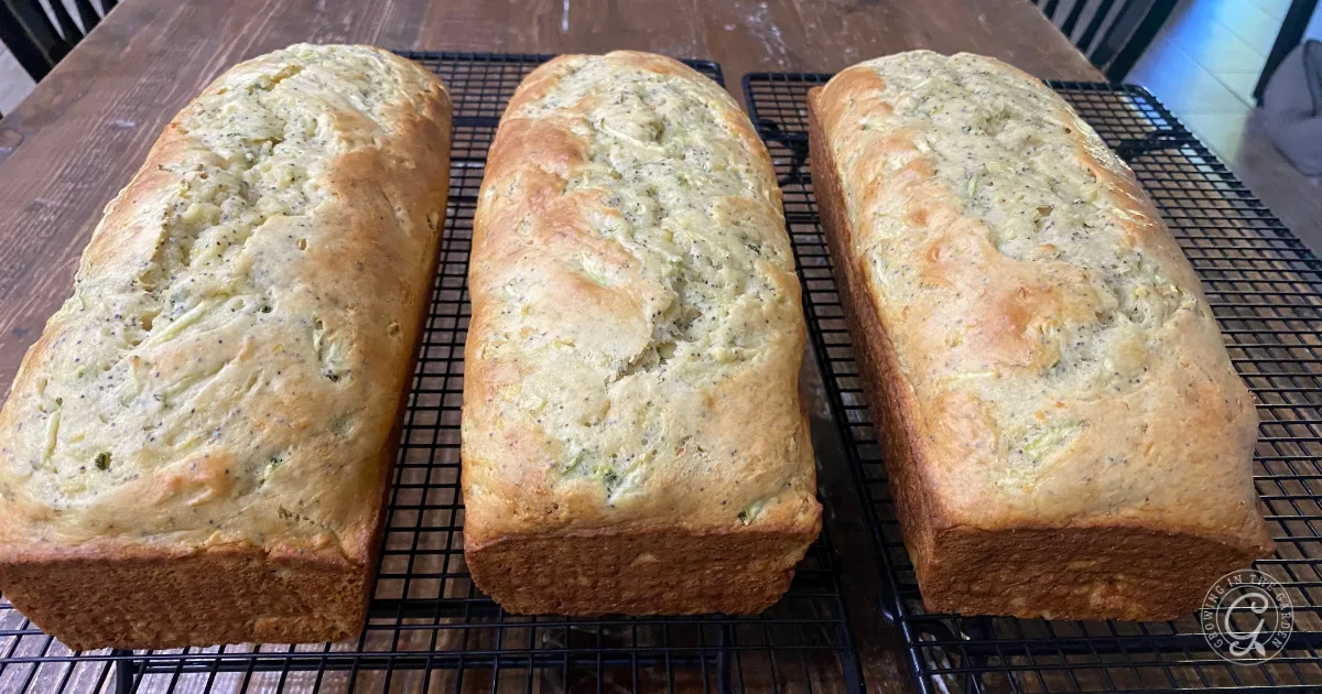 Three golden loaves of Zucchini Lemon Poppy Seed Bread cooling on black wire racks on a wooden table.
