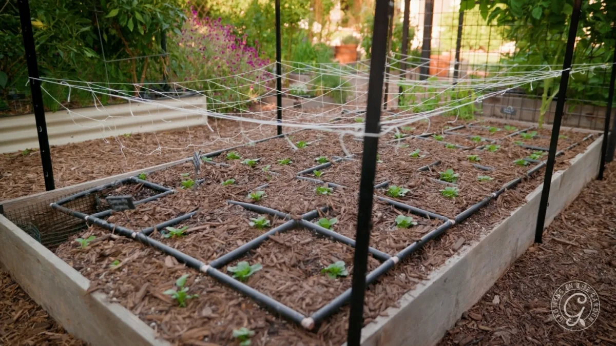 A raised garden bed with young plants, grid irrigation, and a net trellis above, in a lush garden setting.