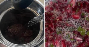 Left: Water pouring into a pot of dried herbs. Right: Bubbly, vibrant Roselle Citrus Tea blend with red and green bits.