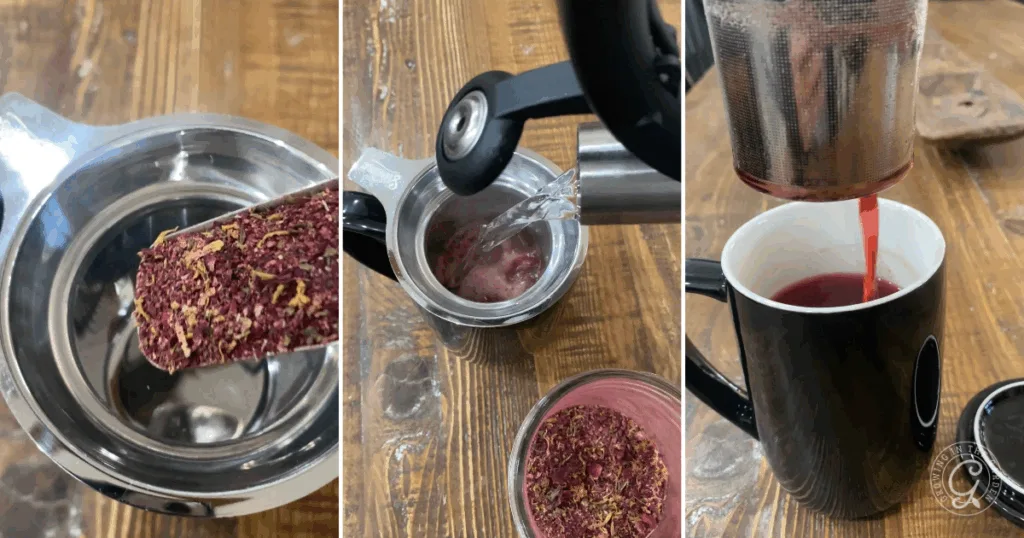 Three steps of making Roselle Citrus Tea: adding dried petals, pouring hot water, and straining the tea into a black mug.