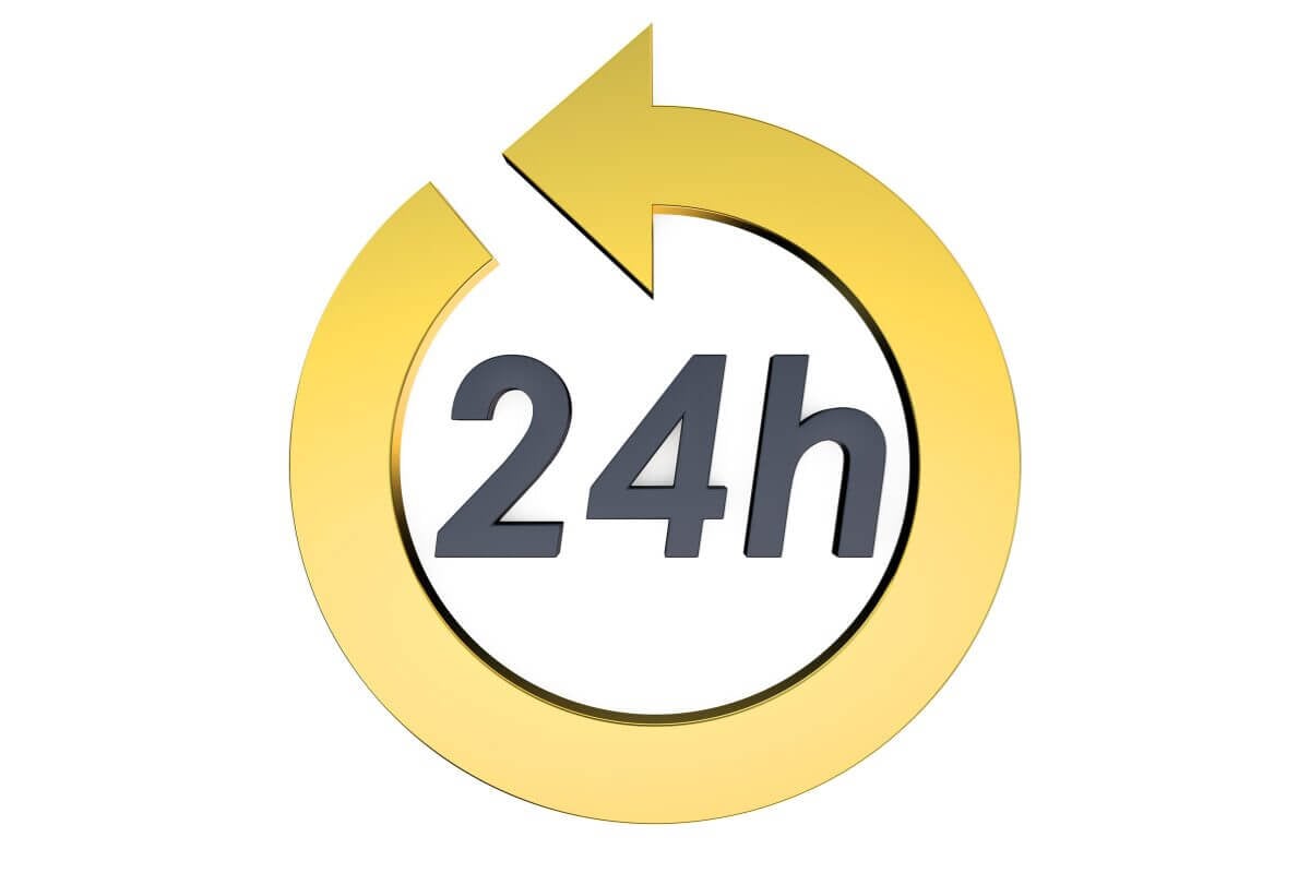 A yellow circular arrow surrounds the bold black text 24h, symbolizing 24-hour or around-the-clock service for those seeking to get rid of gophers. The background is white.