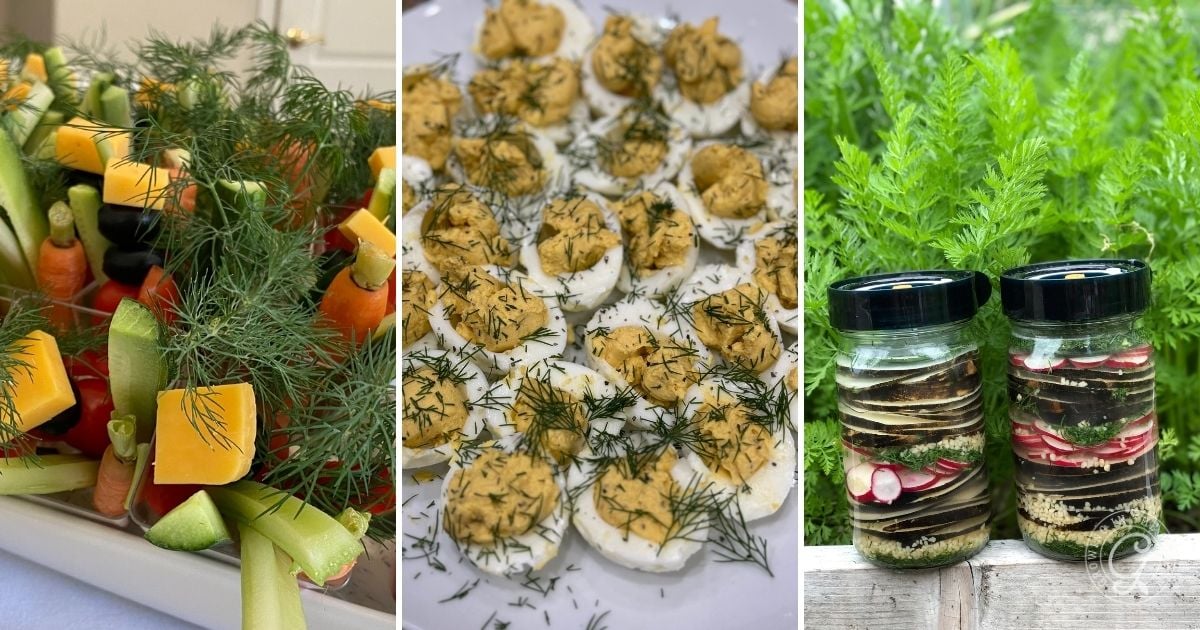 Three images: veggie platter with cheese cubes, deviled eggs with dill, and jars of pickled veggies with leafy tops.