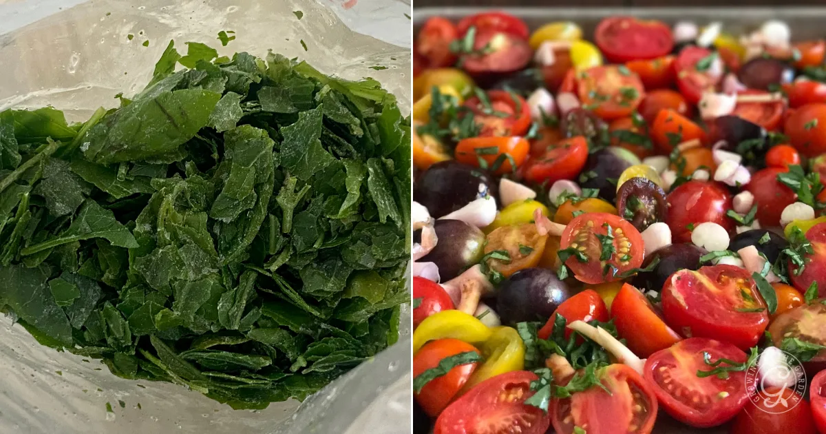 Left: chopped leafy greens in a bowl; right: mixed colorful cherry tomatoes with onions and herbs&mdash;perfect for learning how to preserve basil and keep fresh flavors year-round.
