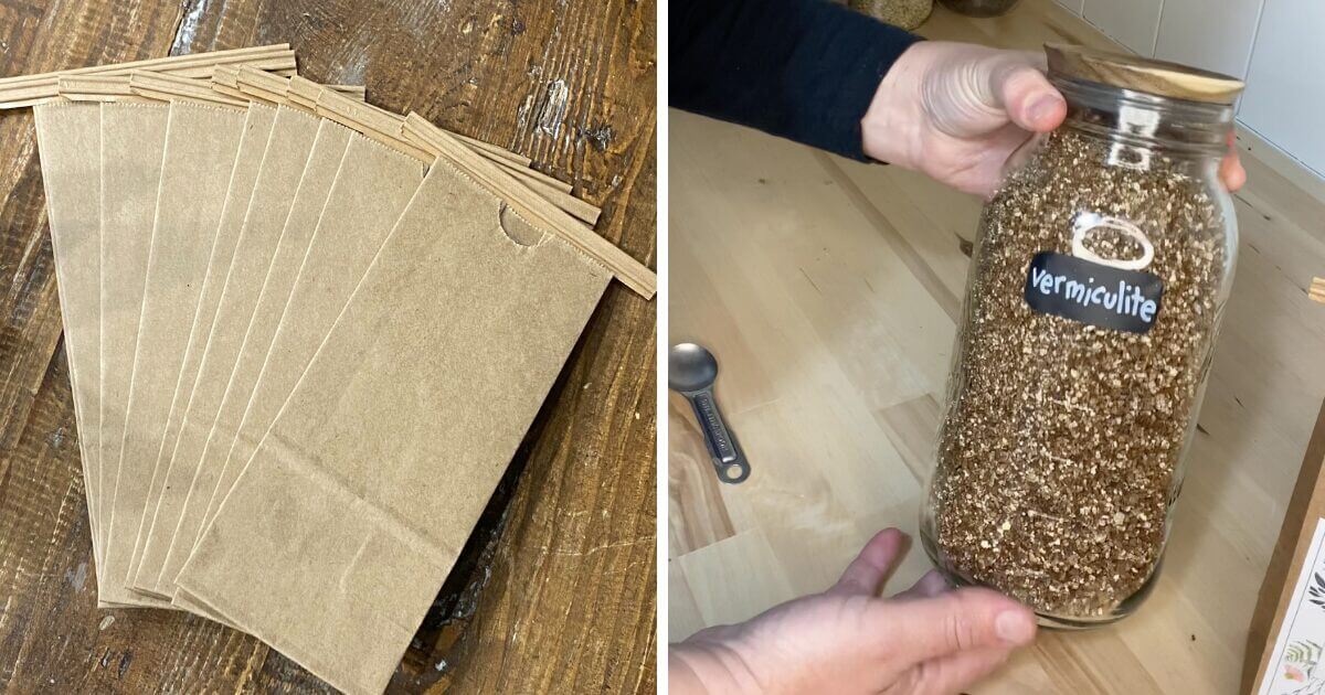 Left: Brown paper bags; right: Hands hold a jar labeled Vermiculite filled with granular material.