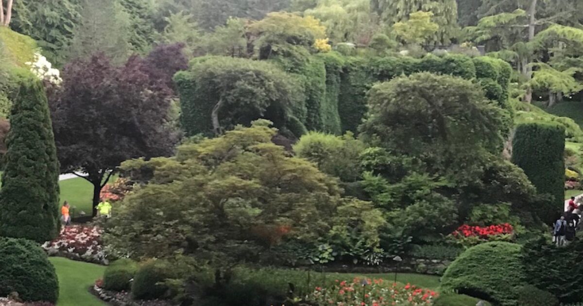 Lush, landscaped garden with various trees, bushes, colorful flowers, and people walking on winding paths.