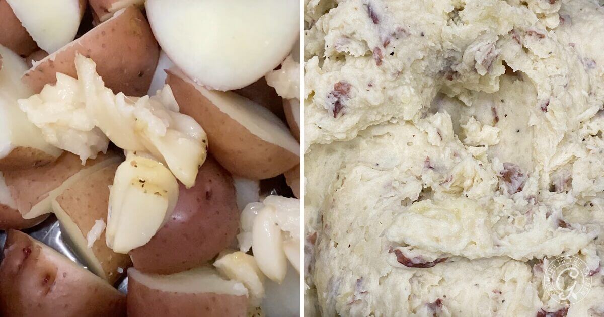 Left: boiled red potatoes and garlic cloves; right: creamy mashed potatoes with red potato skins mixed in.
