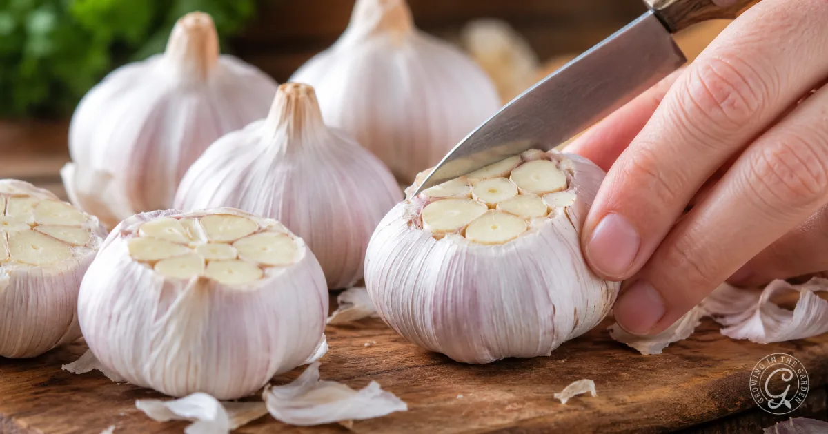 A hand slicing the top off a whole garlic bulb on a wooden surface, with other garlic bulbs nearby.