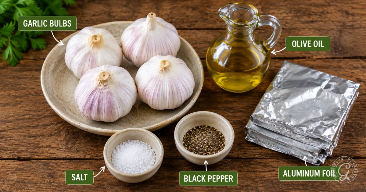 A plate of garlic bulbs, olive oil, salt, black pepper, and stacked aluminum foil on a wooden table.